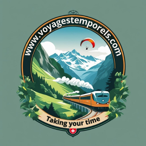 Logo représentant un train traversant des montagnes avec un parapente dans le ciel.