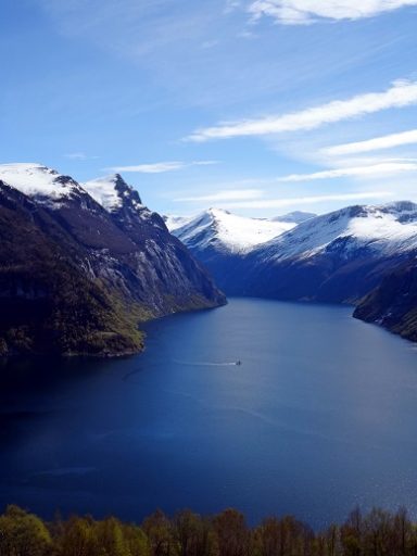 Paysage de fjord avec montagnes enneigées et ciel bleu.