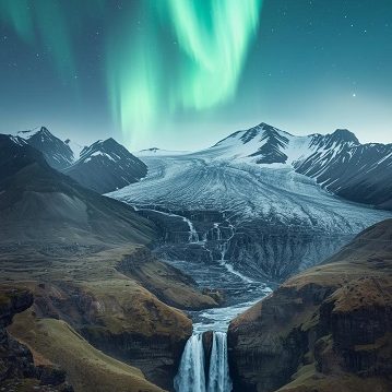 Aurore boréale en Islande illuminant des montagnes avec un glacier et une chute d'eau en premier plan.